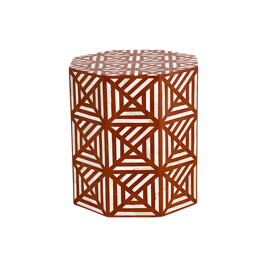 Geometric Bone Inlaid Drum Side Table