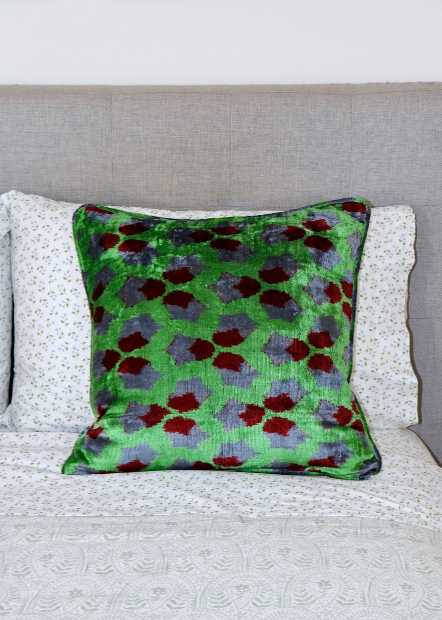 Emerald Mosaic Velvet Ikat Pillow