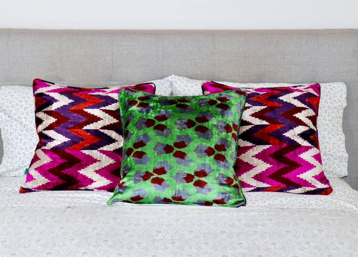 Emerald Mosaic Velvet Ikat Pillow