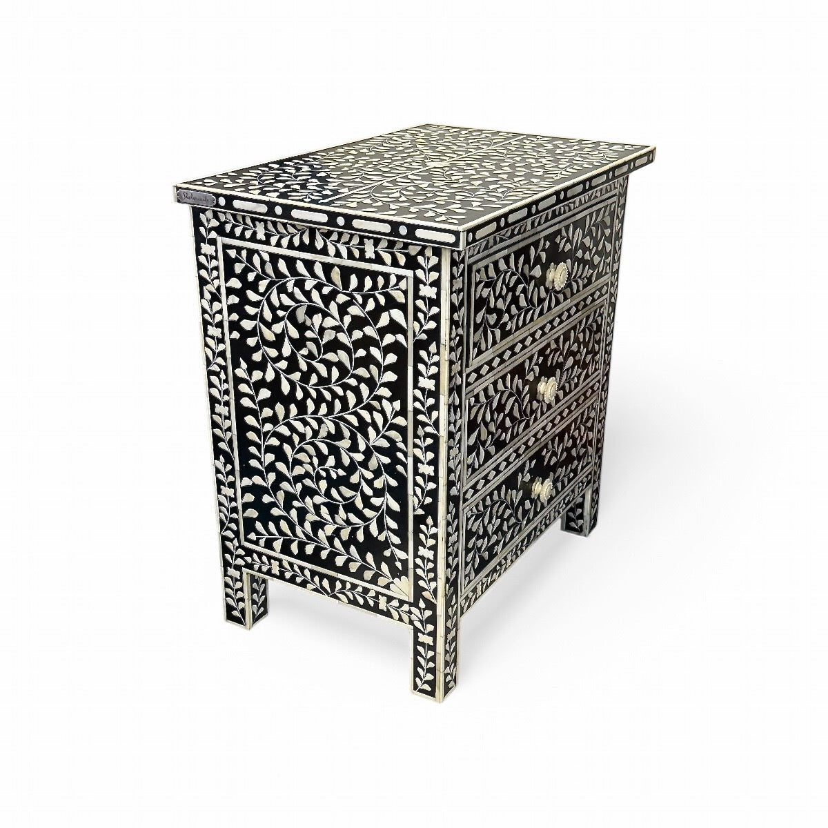Handcrafted Black Bone Inlay Nightstand Table