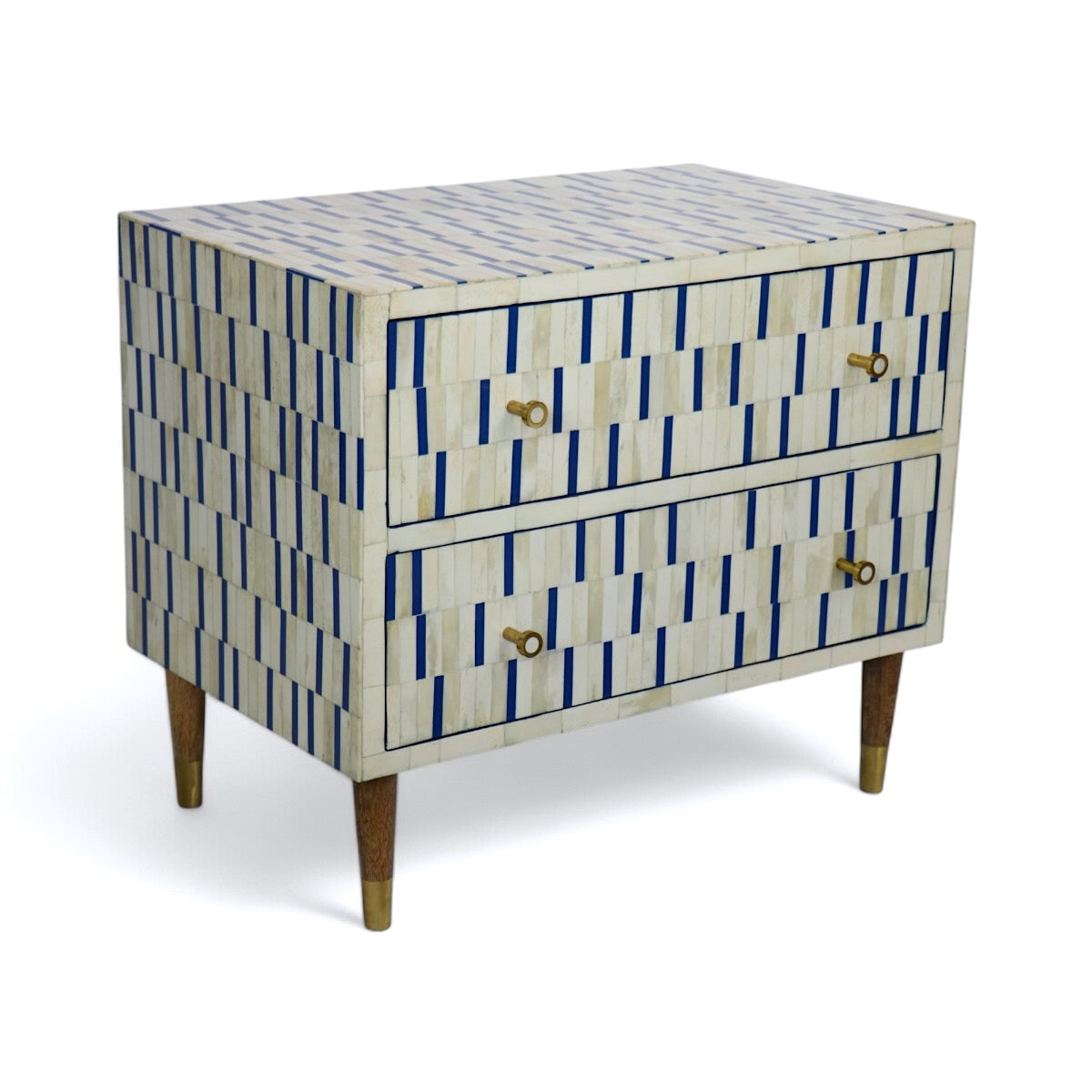Bone Inlay Bedside Table In Blue & White Geometric Pattern