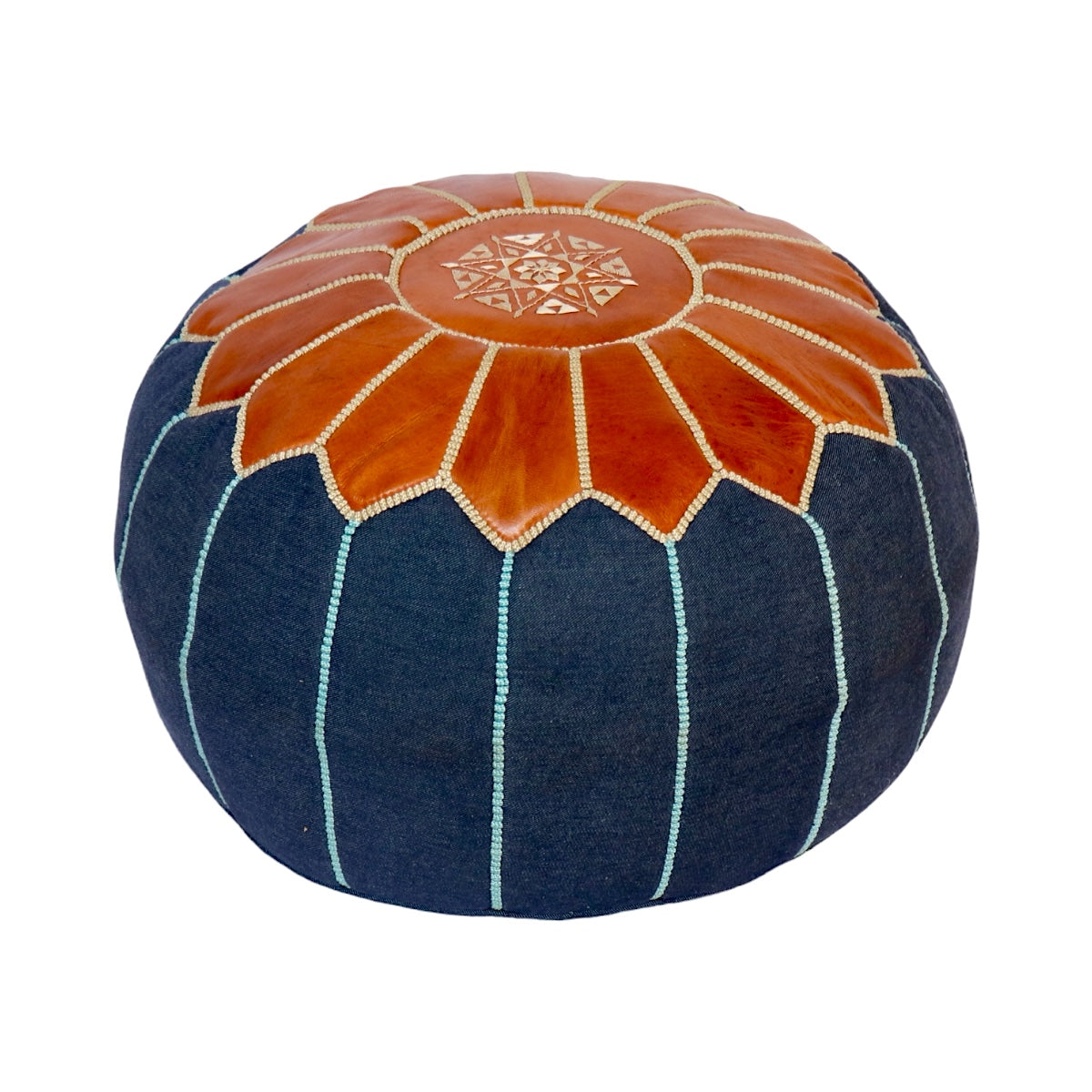 Moroccan  Leather & Denim Pouf
