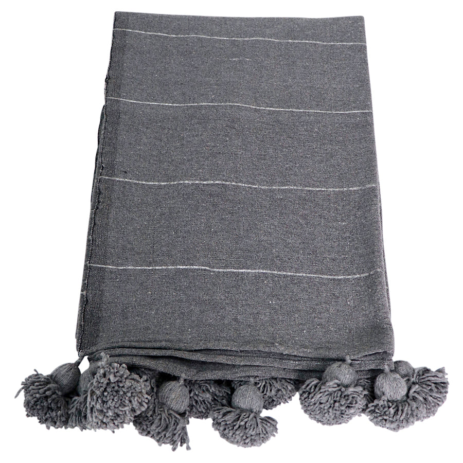 Moroccan Pom Pom Blanket- Grey & Silver
