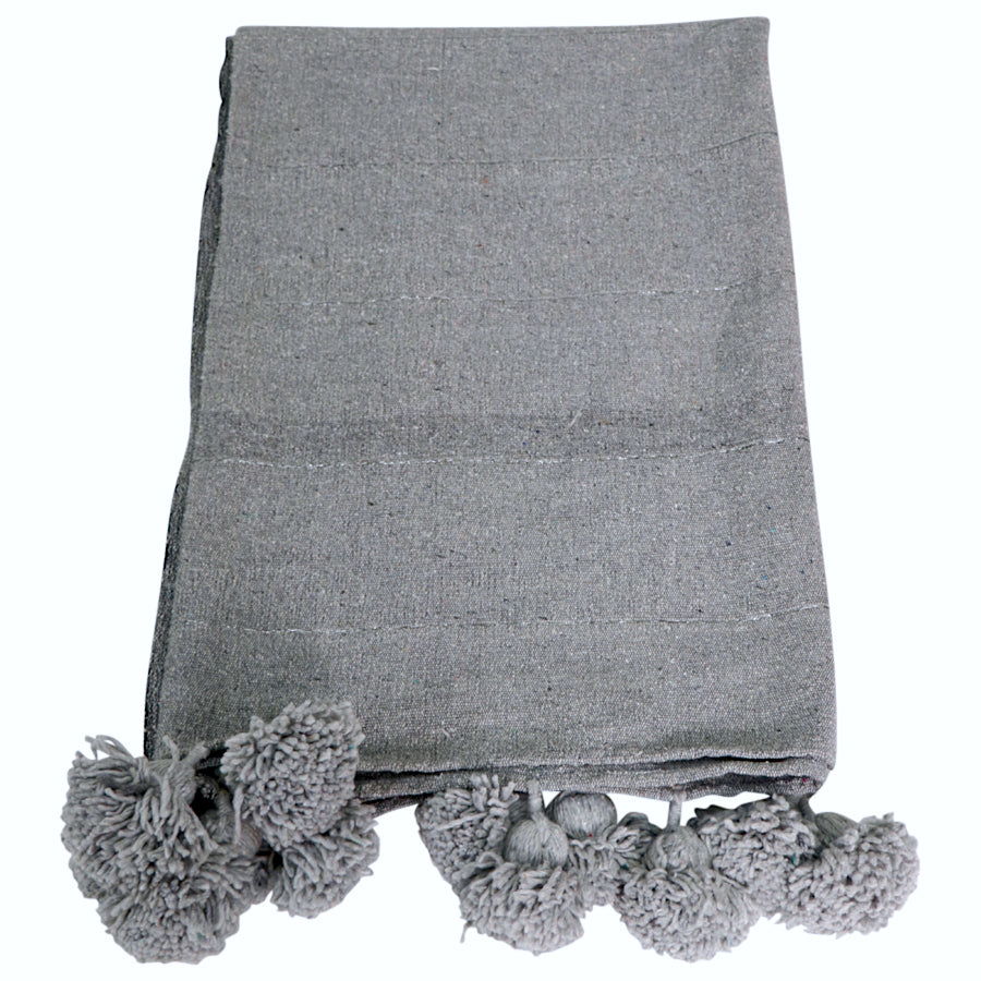 Moroccan Pom Pom Blanket - Light Grey & Silver