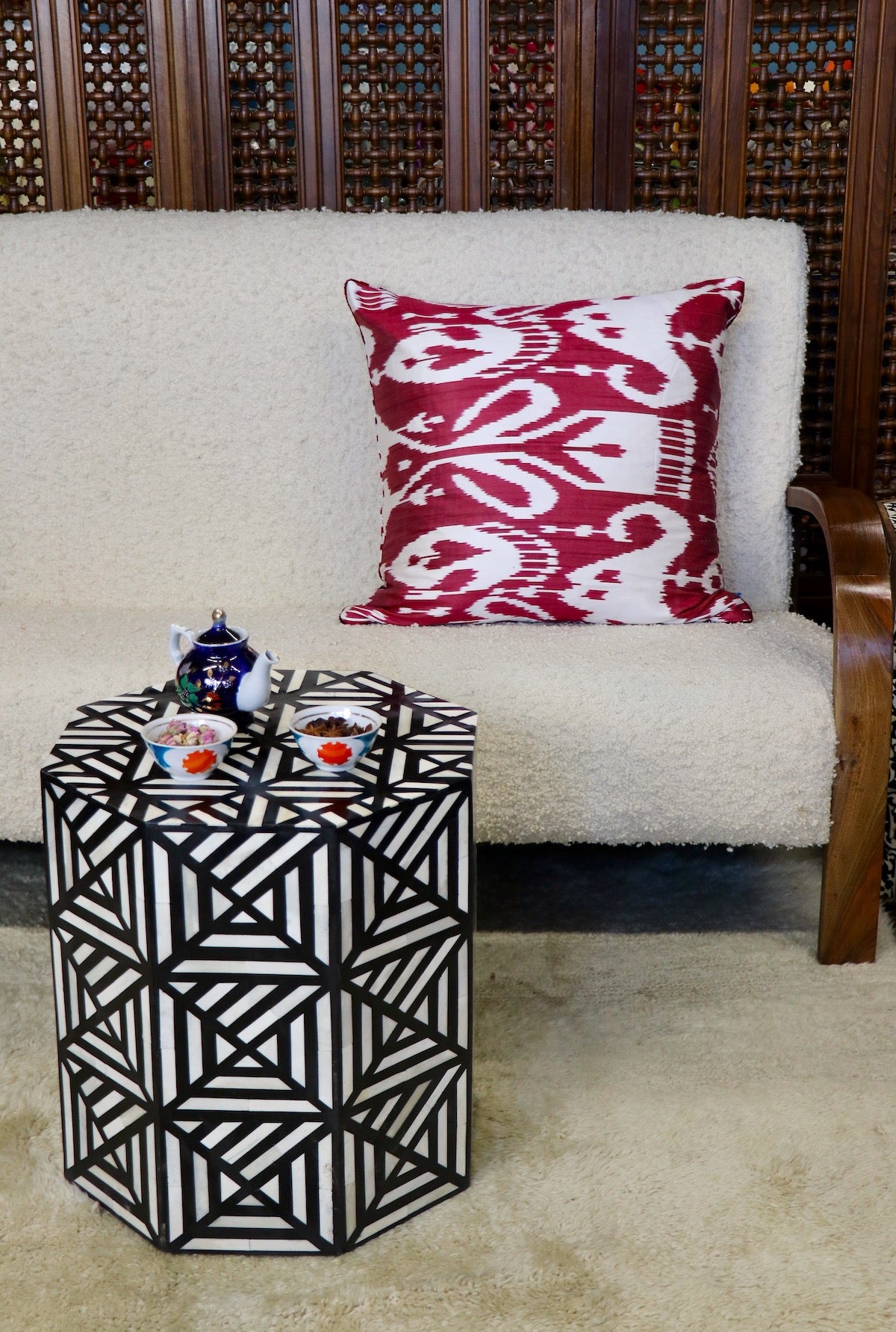 Bone Inlay Drum Side Table