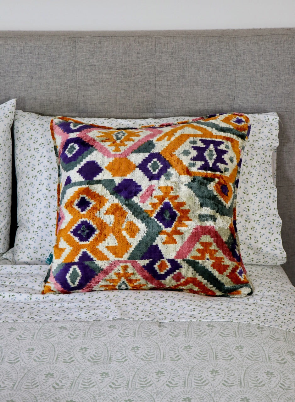 Velvet Ikat Pillow- Saffron& Purple