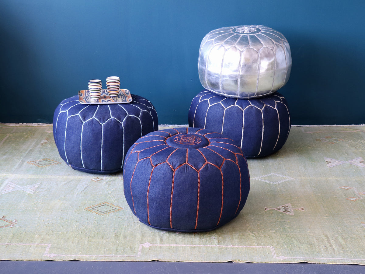 Moroccan Denim Leather Pouf